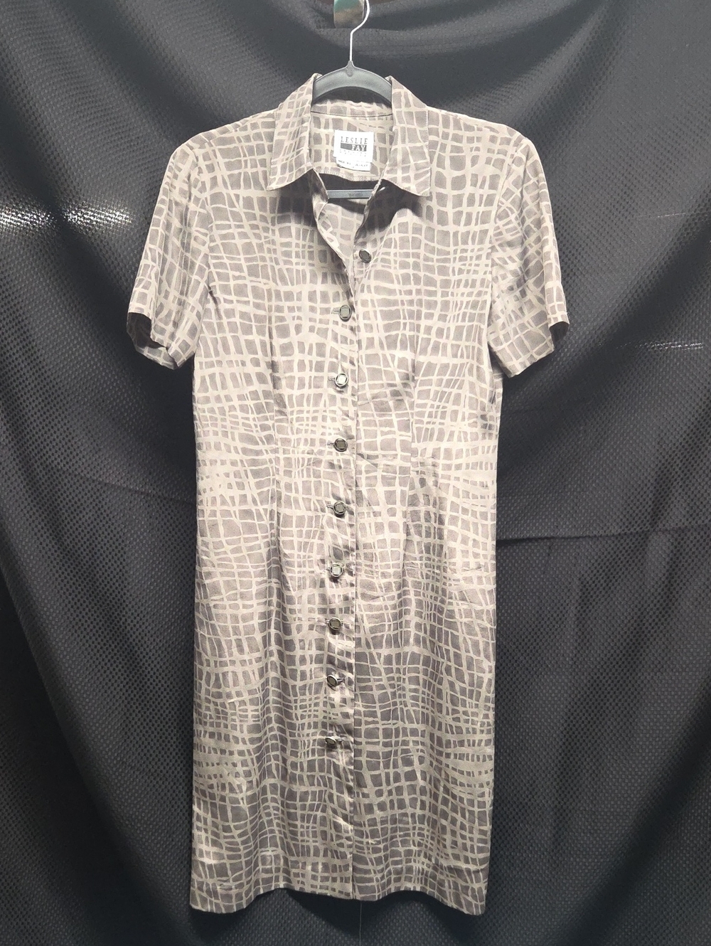 Leslie Fay Taupe and Cream Printed Midi Shirt Dress With Unique Metal Buttons